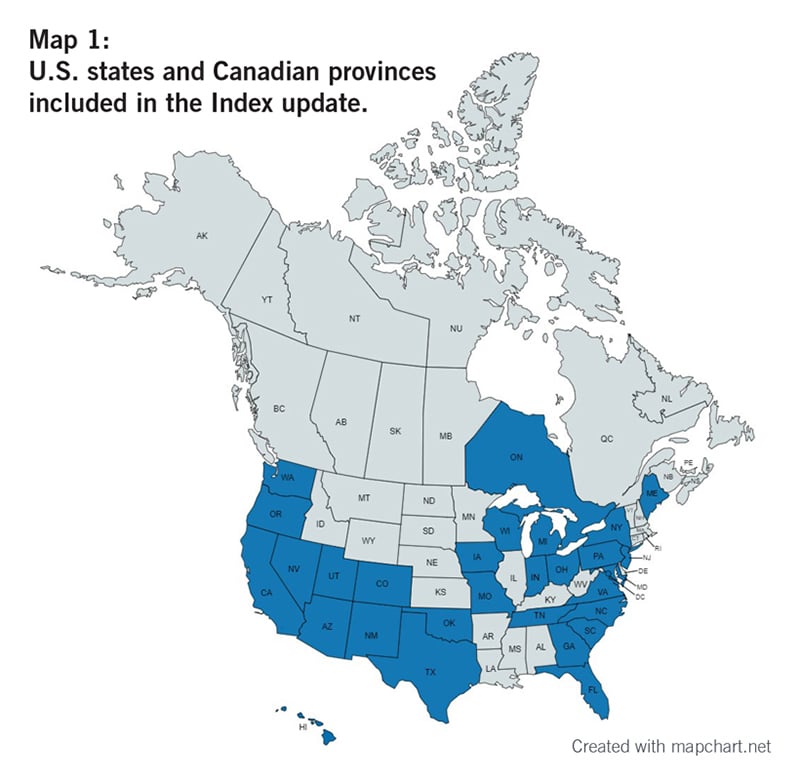 Map 1: U.S. states and Canadian provinces included in the Index update.